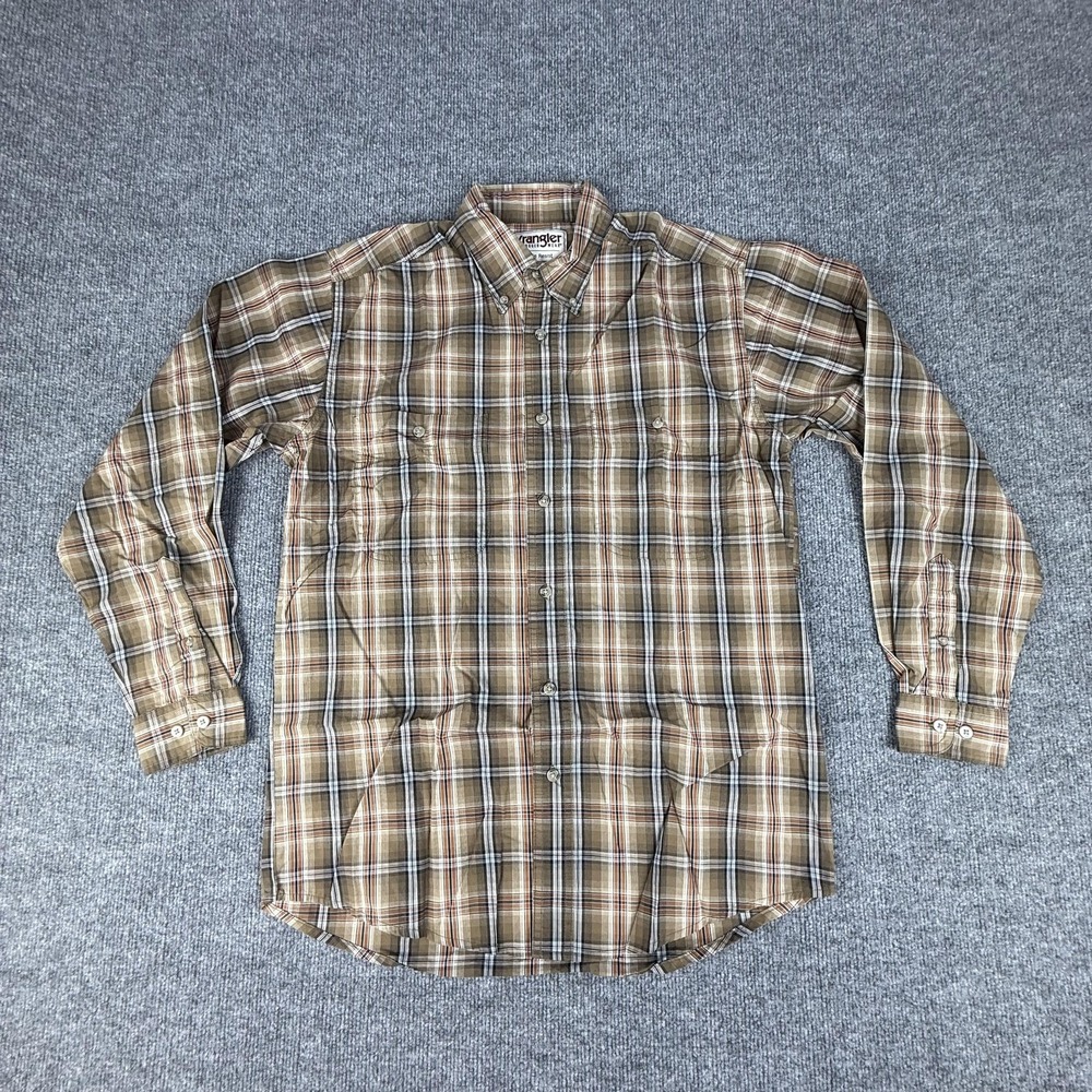 Wrangler Rugged Wear Mens Medium Brown Plaid Button Front Shirt RWL85BN